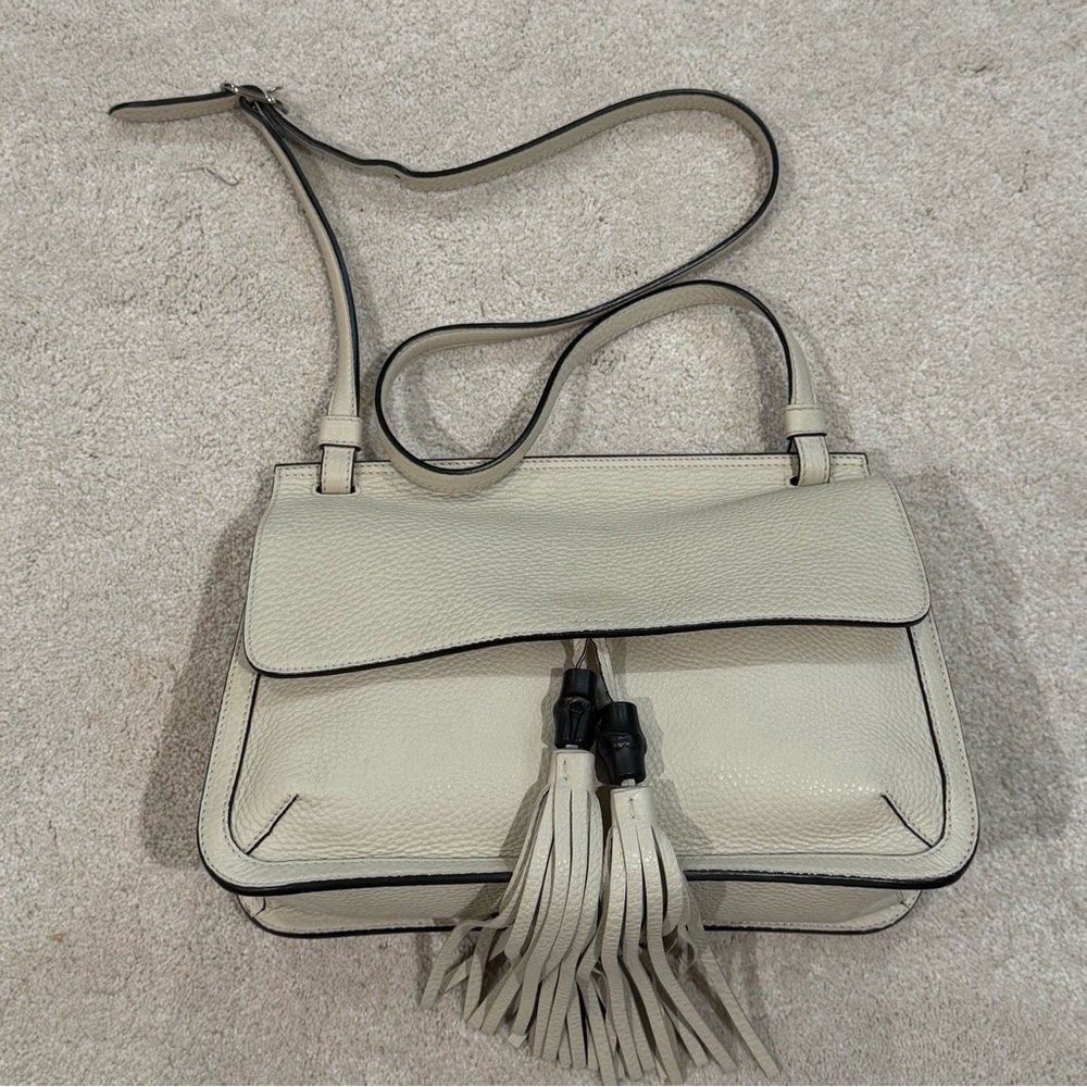 Gucci Cellarius Calfskin Medium Bamboo Daily Flap Shoulder Bag off white cream